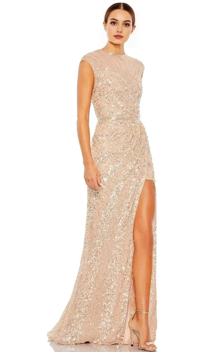 Elegant Champagne Sequin Embellished Mesh Prom Prom Dresses with Cap Sleeves and High Side Slit for Formal Occasions