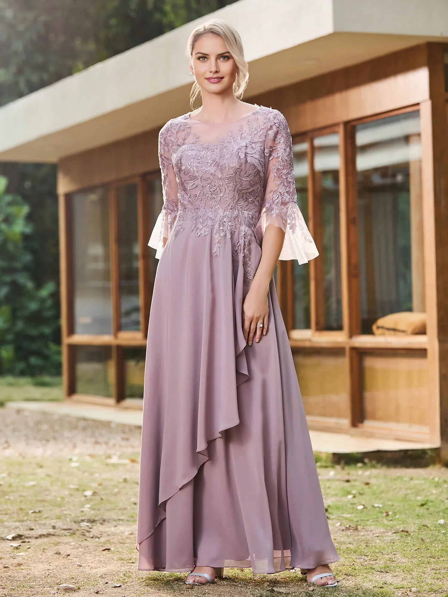 Elegant Chiffon A-Line Scoop Neck Lace-Appliqued Bell-Sleeve Floor-Length Mother of the Bride Dress Hot Sale