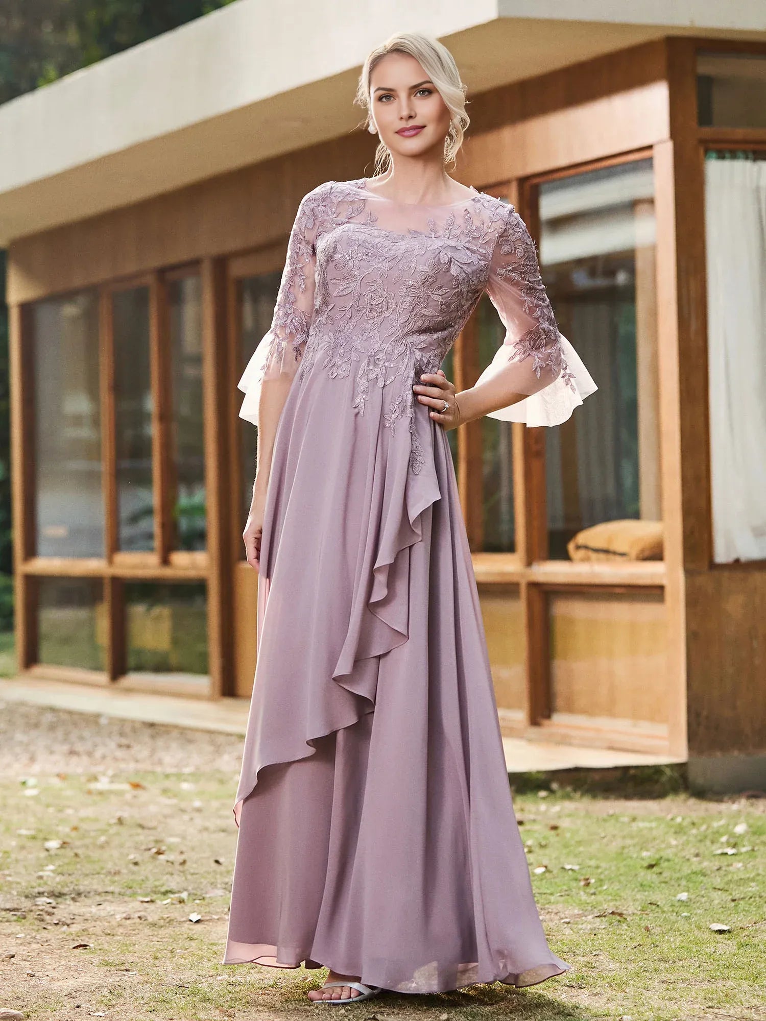 Elegant Chiffon A-Line Scoop Neck Lace-Appliqued Bell-Sleeve Floor-Length Mother of the Bride Dress Hot Sale