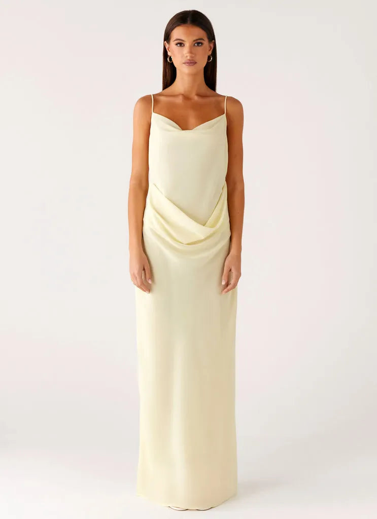 Elegant Colored Satin Prom Dress with Spaghetti Straps Cowl Neckline and Draped Detail for Formal Occasions