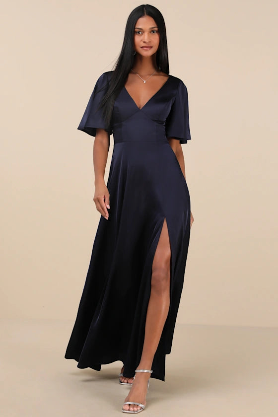 Elegant Confidence Navy Satin Flutter Sleeve Cutout Evening Dresses