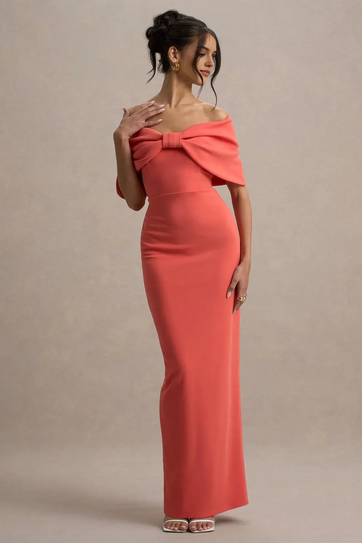 Elegant Coral Off - Shoulder Prom Dress with Bow Detail and Mermaid Silhouette for Formal Occasions