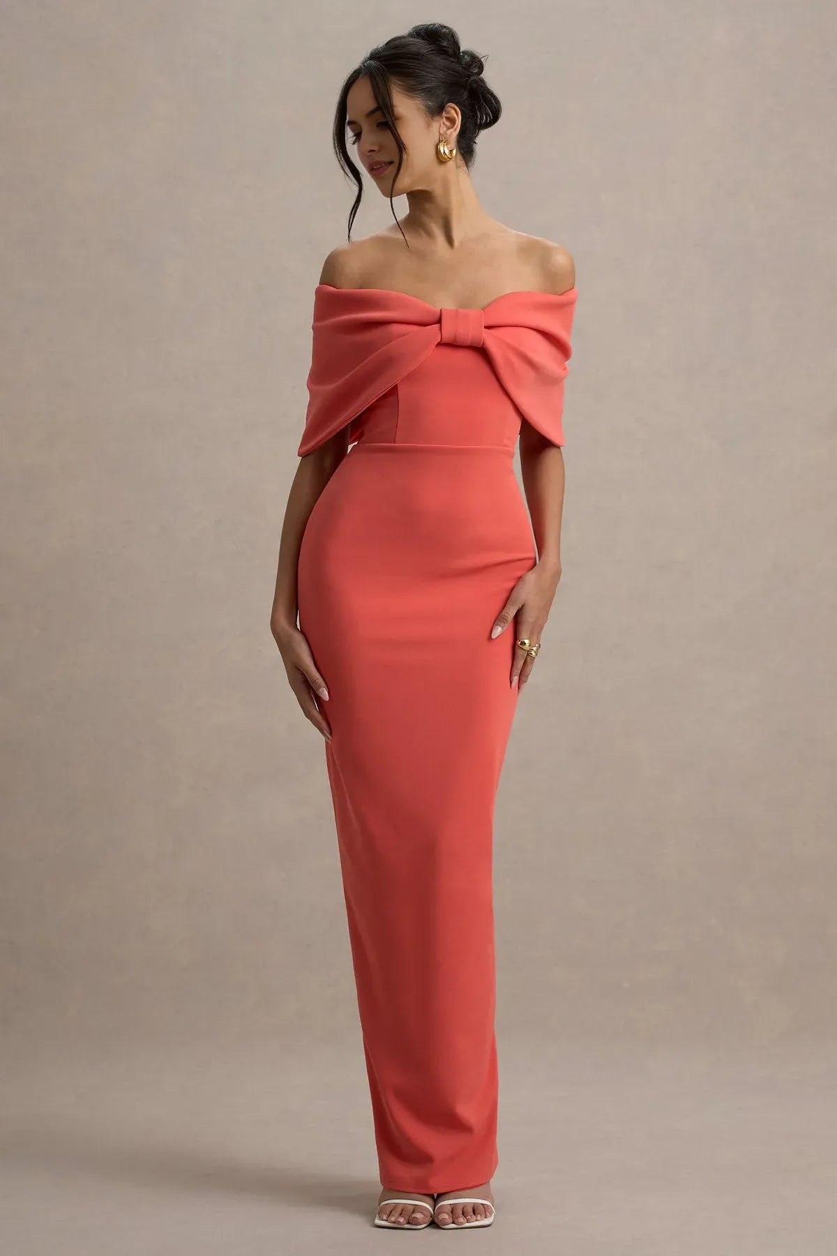 Elegant Coral Off - Shoulder Prom Dress with Bow Detail and Mermaid Silhouette for Formal Occasions