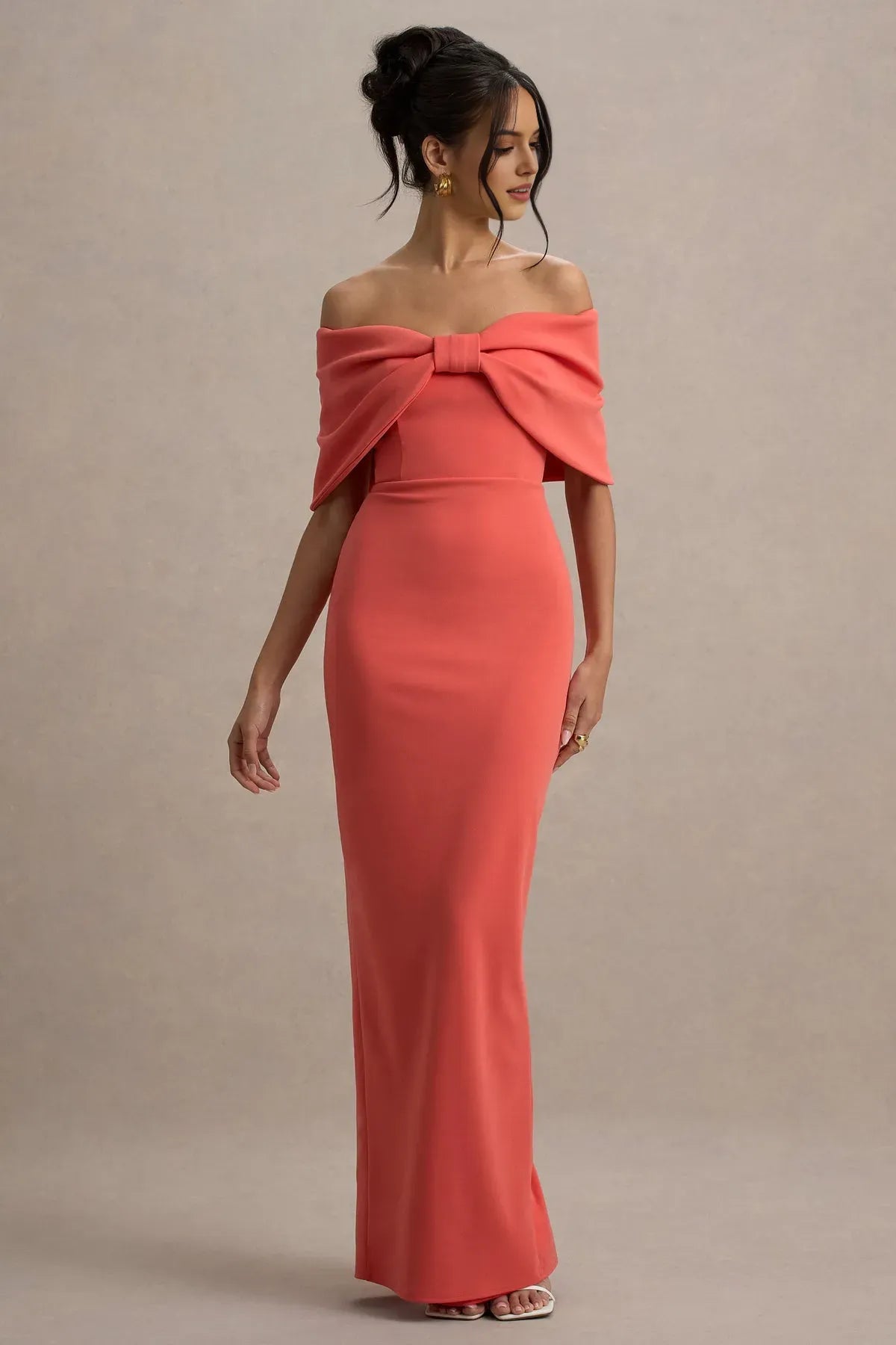 Elegant Coral Off - Shoulder Prom Dress with Bow Detail and Mermaid Silhouette for Formal Occasions