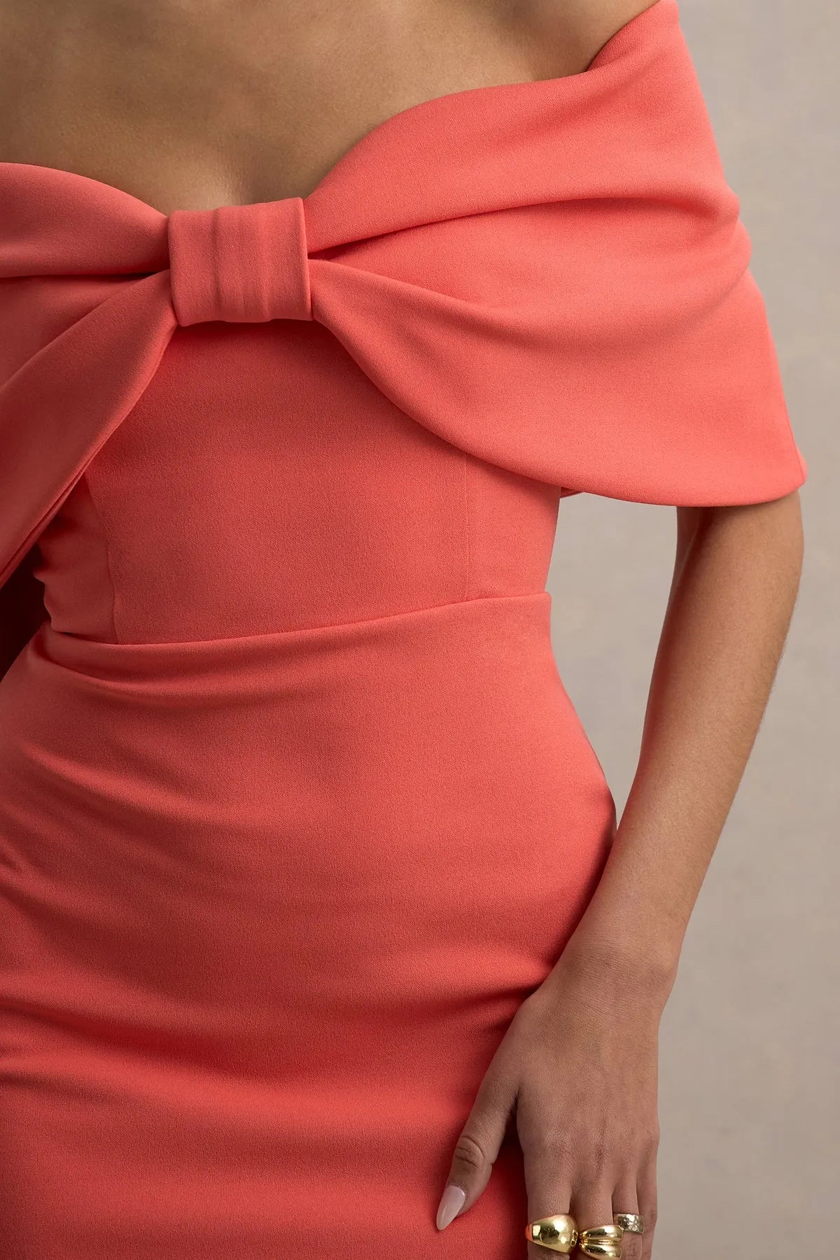 Elegant Coral Off - Shoulder Prom Dress with Bow Detail and Mermaid Silhouette for Formal Occasions