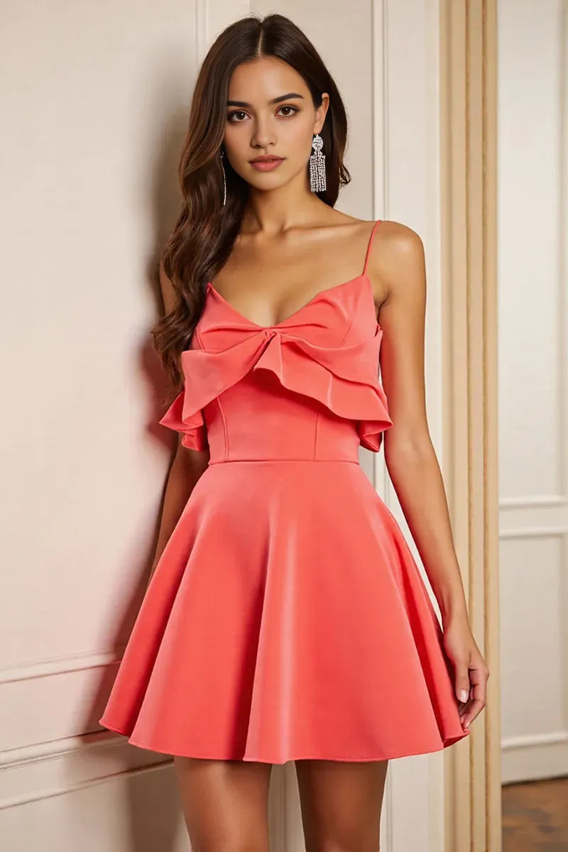Elegant Coral Satin Homecoming Dress with Bow  Front Detail and Flared Skirt