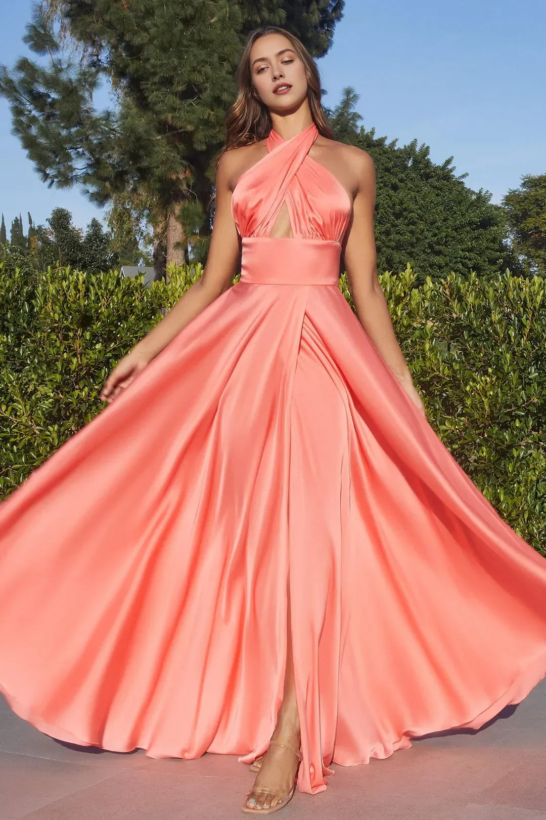 Elegant Coral Satin One Shoulder Ball Gown with Criss Cross Bodice Cutout Flowy Maxi Prom Dress featuring Front Slit for Formal Evening Events Galas and Sophisticated Occasions