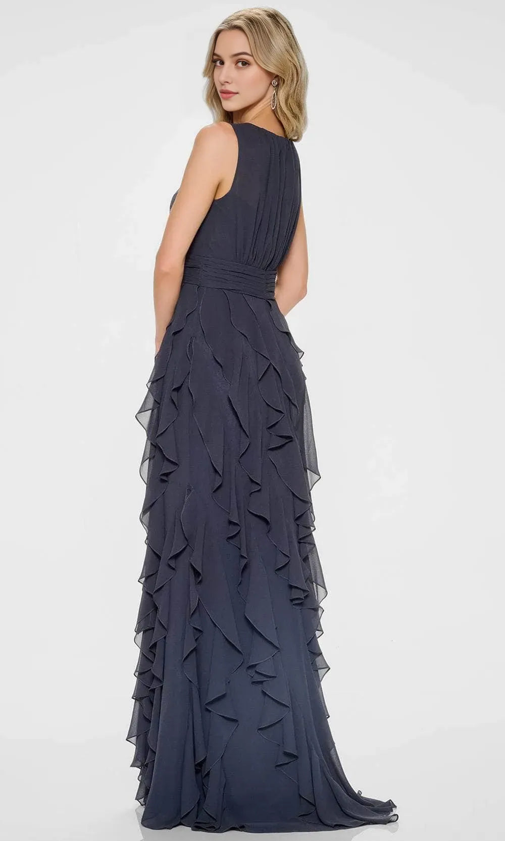 Elegant Dark Gray Chiffon Evening Dresses  with Sleeveless Design Keyhole Neckline Accentuated by Sparkling Detailing Ruched Waist and Tiered Ruffled Skirt for Formal Galas and Special Occasions