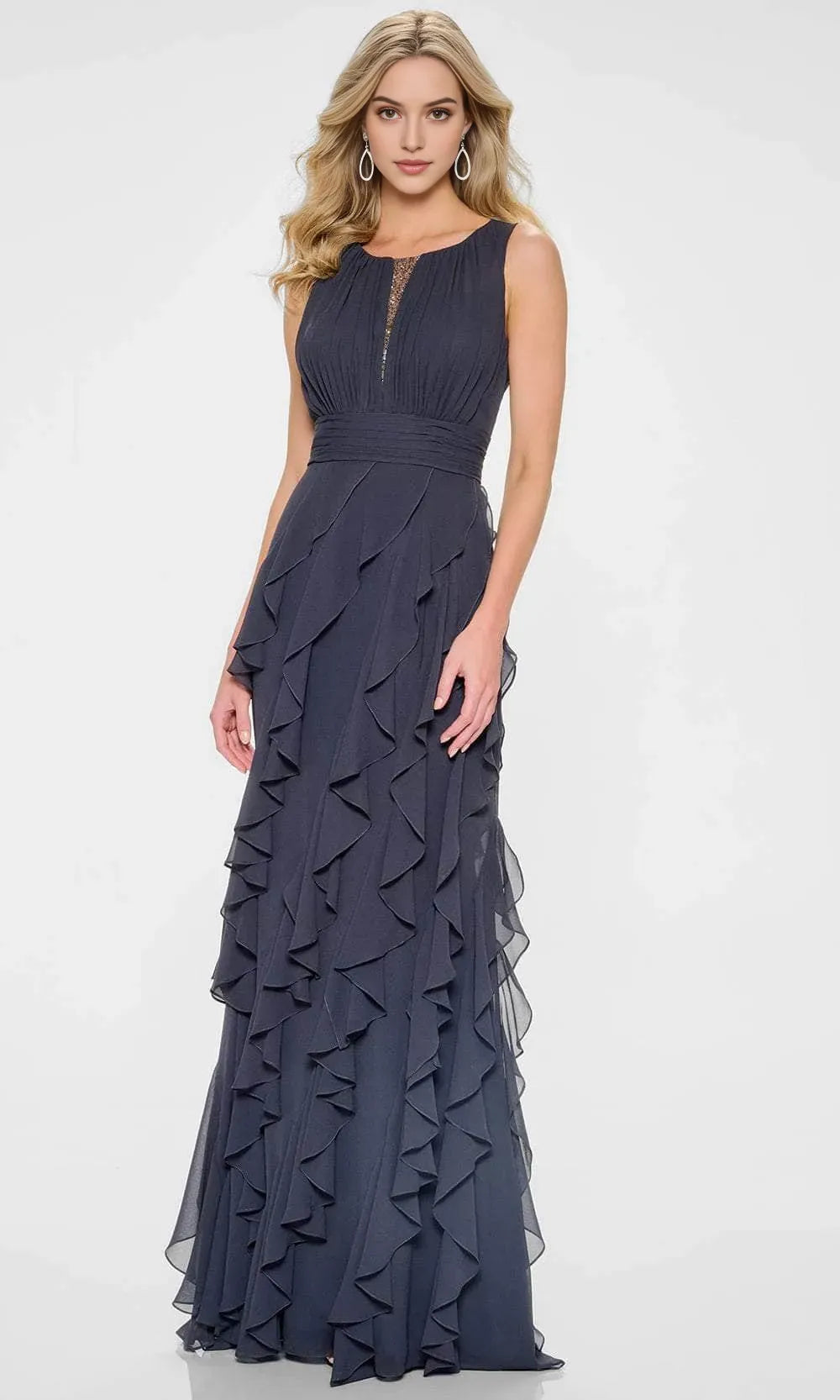 Elegant Dark Gray Chiffon Evening Dresses  with Sleeveless Design Keyhole Neckline Accentuated by Sparkling Detailing Ruched Waist and Tiered Ruffled Skirt for Formal Galas and Special Occasions