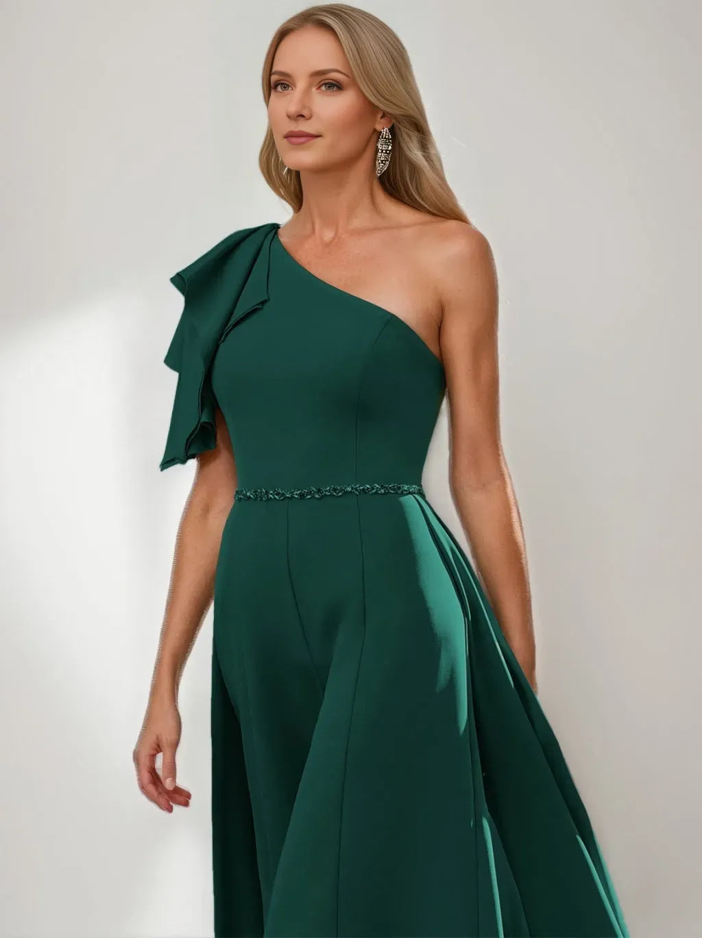 Elegant Dark Green A-Line One-Shoulder Ruffled-Sleeve Beaded-Waist Floor-Length Mother of the Bride Dresses Hot Sale