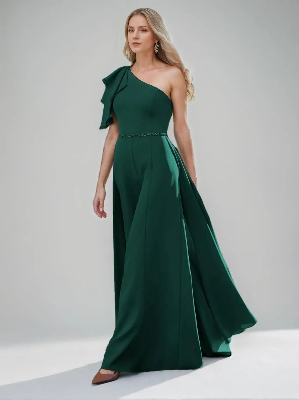 Elegant Dark Green A-Line One-Shoulder Ruffled-Sleeve Beaded-Waist Floor-Length Mother of the Bride Dresses Hot Sale