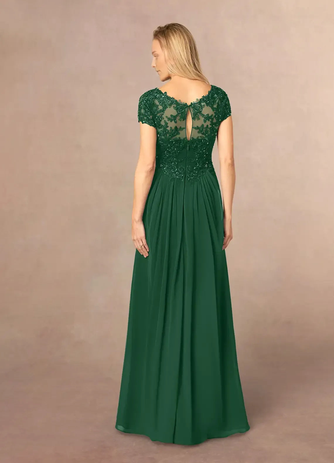 Elegant Dark Green A-Line Sequins Chiffon Mother of the Bride Dress with V - Neckline Lace - Embroidered Bodice Cap Sleeves