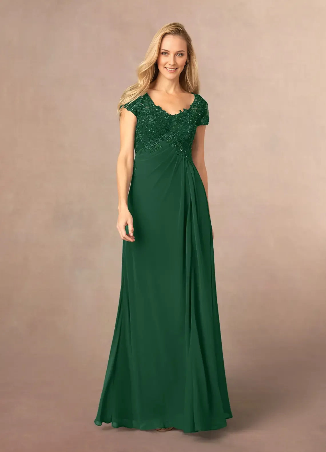 Elegant Dark Green A-Line Sequins Chiffon Mother of the Bride Dress with V - Neckline Lace - Embroidered Bodice Cap Sleeves