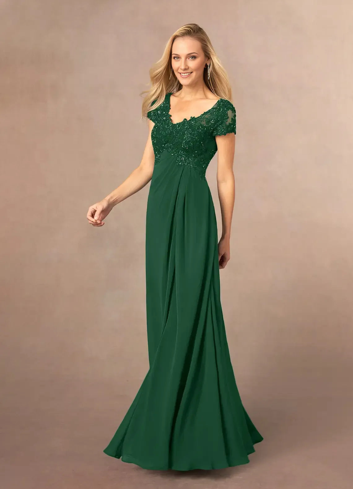 Elegant Dark Green A-Line Sequins Chiffon Mother of the Bride Dress with V - Neckline Lace - Embroidered Bodice Cap Sleeves