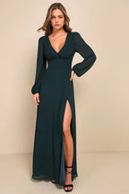 Elegant Dark Green Chiffon Evening Dresses with Plunging V - Neck Sheer Long Sleeves High Side Slit for Formal Galas