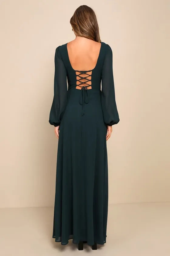 Elegant Dark Green Chiffon Evening Dresses with Plunging V - Neck Sheer Long Sleeves High Side Slit for Formal Galas