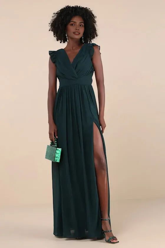 Elegant Dark Green Chiffon Evening Gown with Ruffled V - Neck Flutter Sleeves High Side Slit  Command Attention at Grand