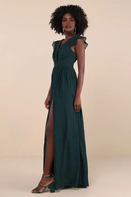 Elegant Dark Green Chiffon Evening Gown with Ruffled V - Neck Flutter Sleeves High Side Slit  Command Attention at Grand