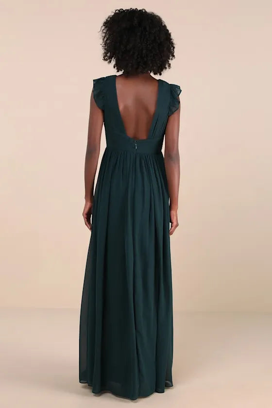 Elegant Dark Green Chiffon Evening Gown with Ruffled V - Neck Flutter Sleeves High Side Slit  Command Attention at Grand
