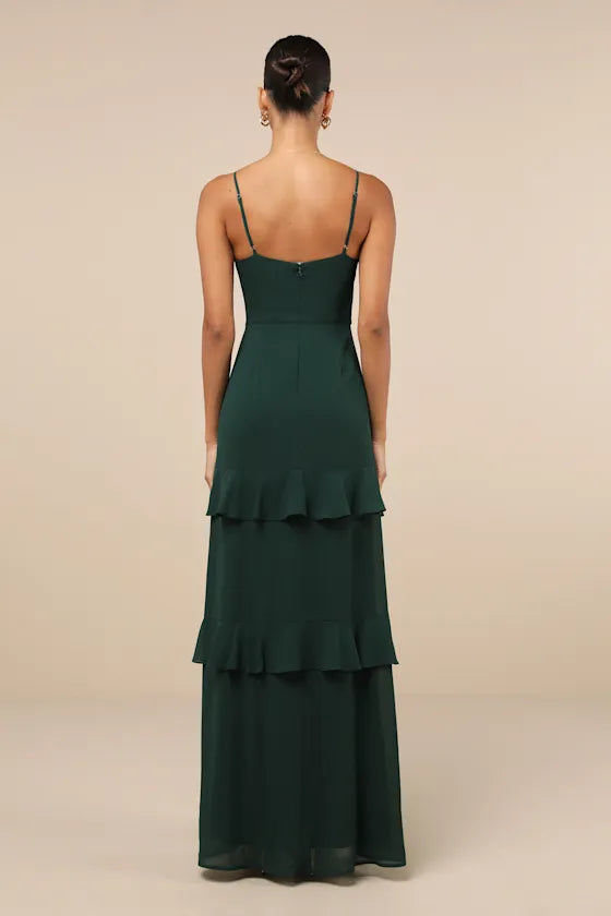 Elegant Dark Green Chiffon Prom Dress with Spaghetti Straps Ruffled Layers Side Slit Perfect for Formal Balls Galas and Special
