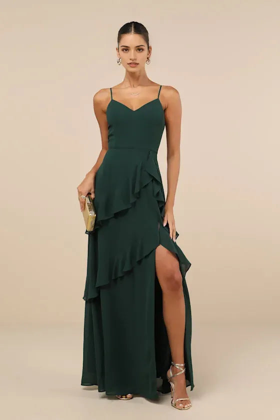 Elegant Dark Green Chiffon Prom Dress with Spaghetti Straps Ruffled Layers Side Slit Perfect for Formal Balls Galas and Special