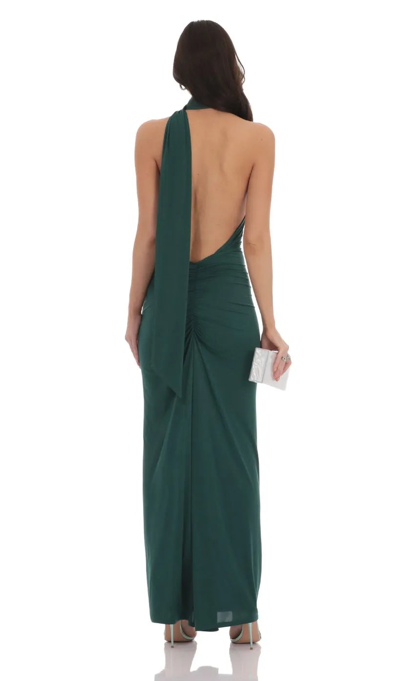 Elegant Dark Green Halter Neck Prom Dress with Asymmetric Drape Detail Bodycon Silhouette for Formal Evening Galas and Prom Nights