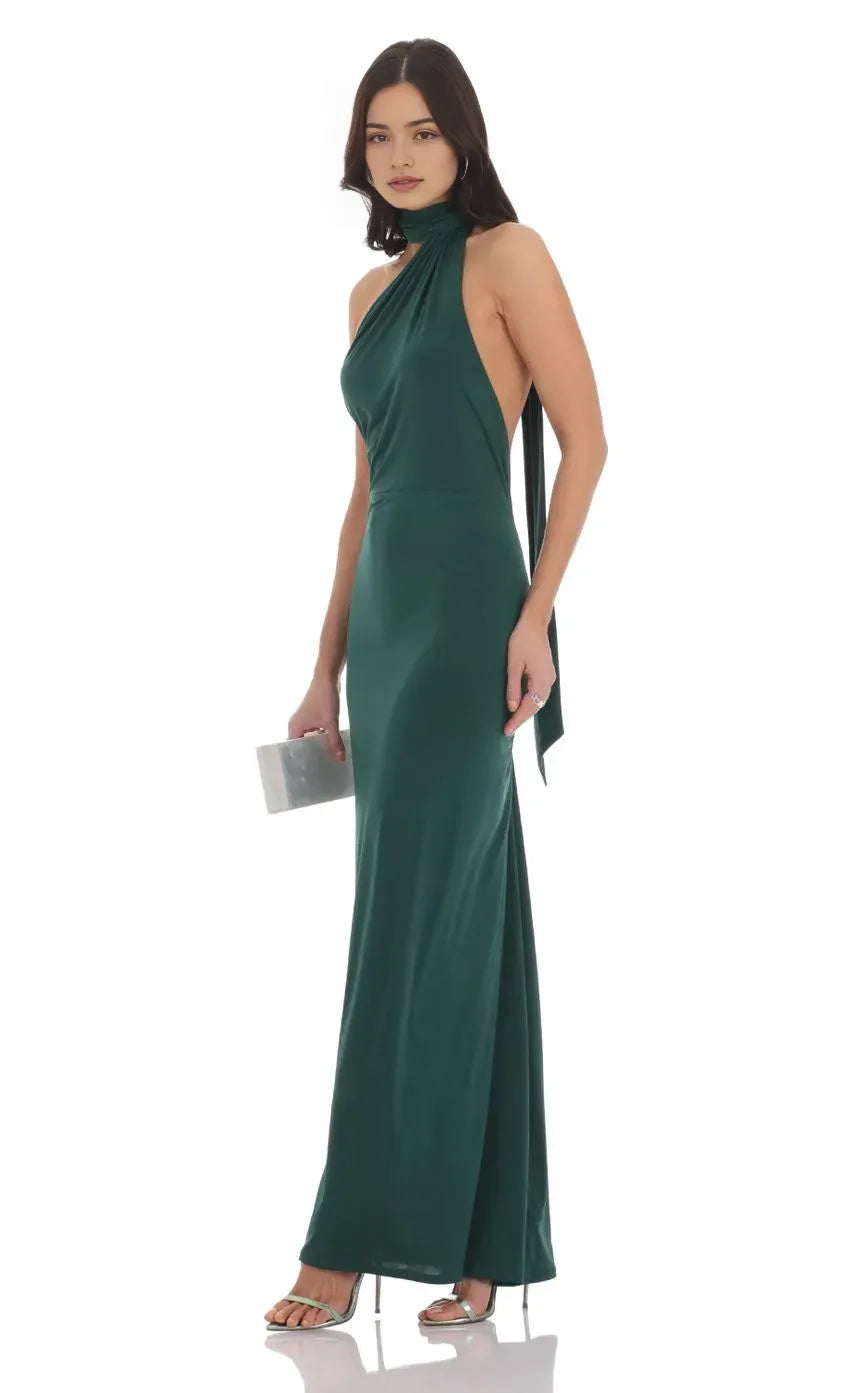Elegant Dark Green Halter Neck Prom Dress with Asymmetric Drape Detail Bodycon Silhouette for Formal Evening Galas and Prom Nights