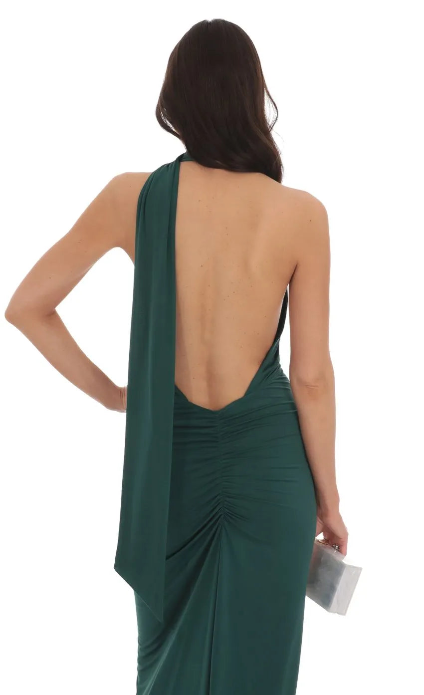 Elegant Dark Green Halter Neck Prom Dress with Asymmetric Drape Detail Bodycon Silhouette for Formal Evening Galas and Prom Nights