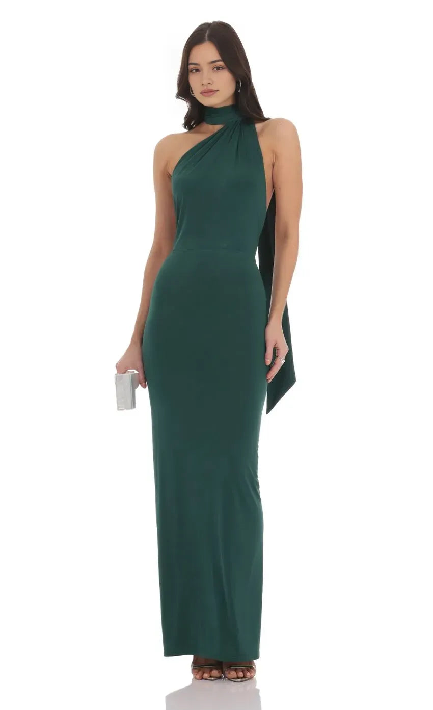 Elegant Dark Green Halter Neck Prom Dress with Asymmetric Drape Detail Bodycon Silhouette for Formal Evening Galas and Prom Nights