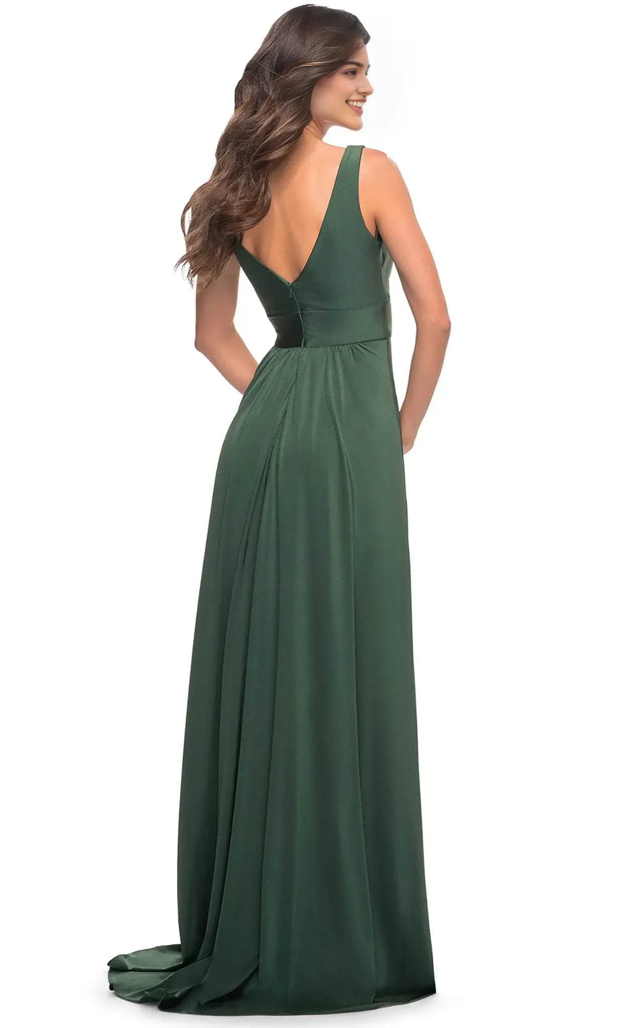 Elegant Dark Green Jersey Knit Prom Dress with Plunging V - Neck and Side Slit