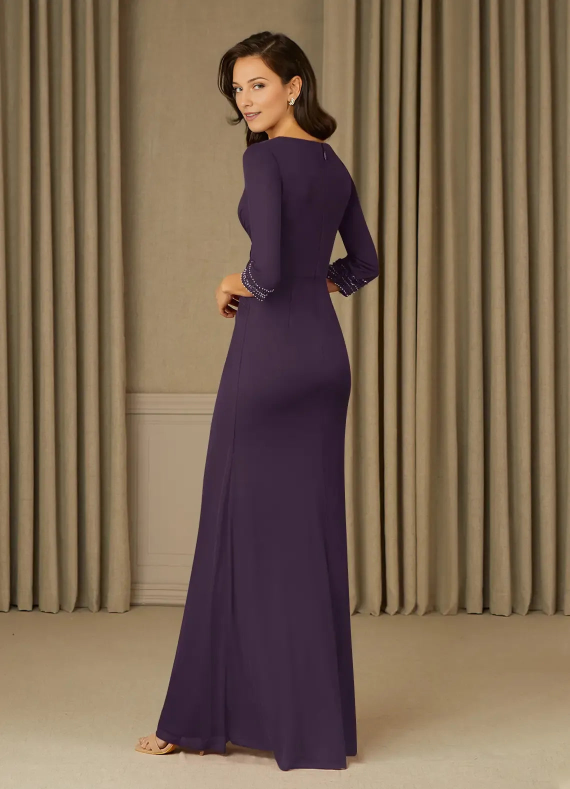 Elegant bodice Purple Long V Neck 3/4 Sleeves Beaded Back Zip Mother of the Bride Dress female guests hot sale