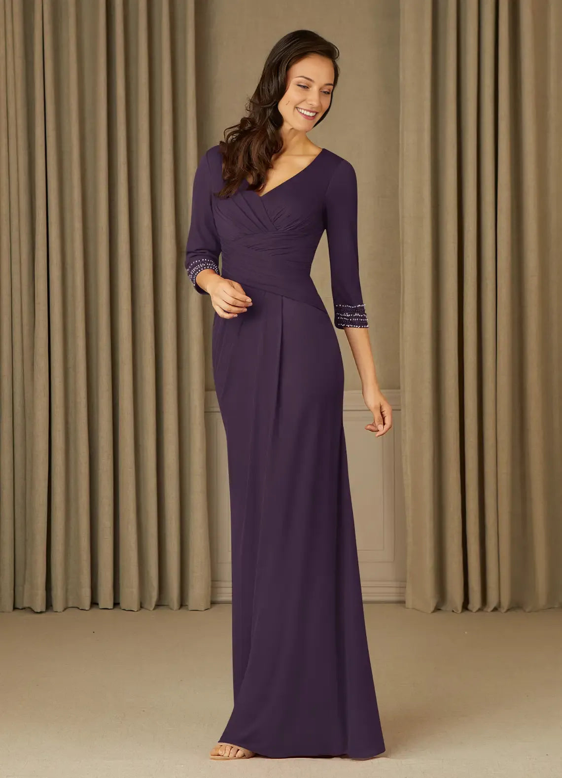 Elegant bodice Purple Long V Neck 3/4 Sleeves Beaded Back Zip Mother of the Bride Dress female guests hot sale