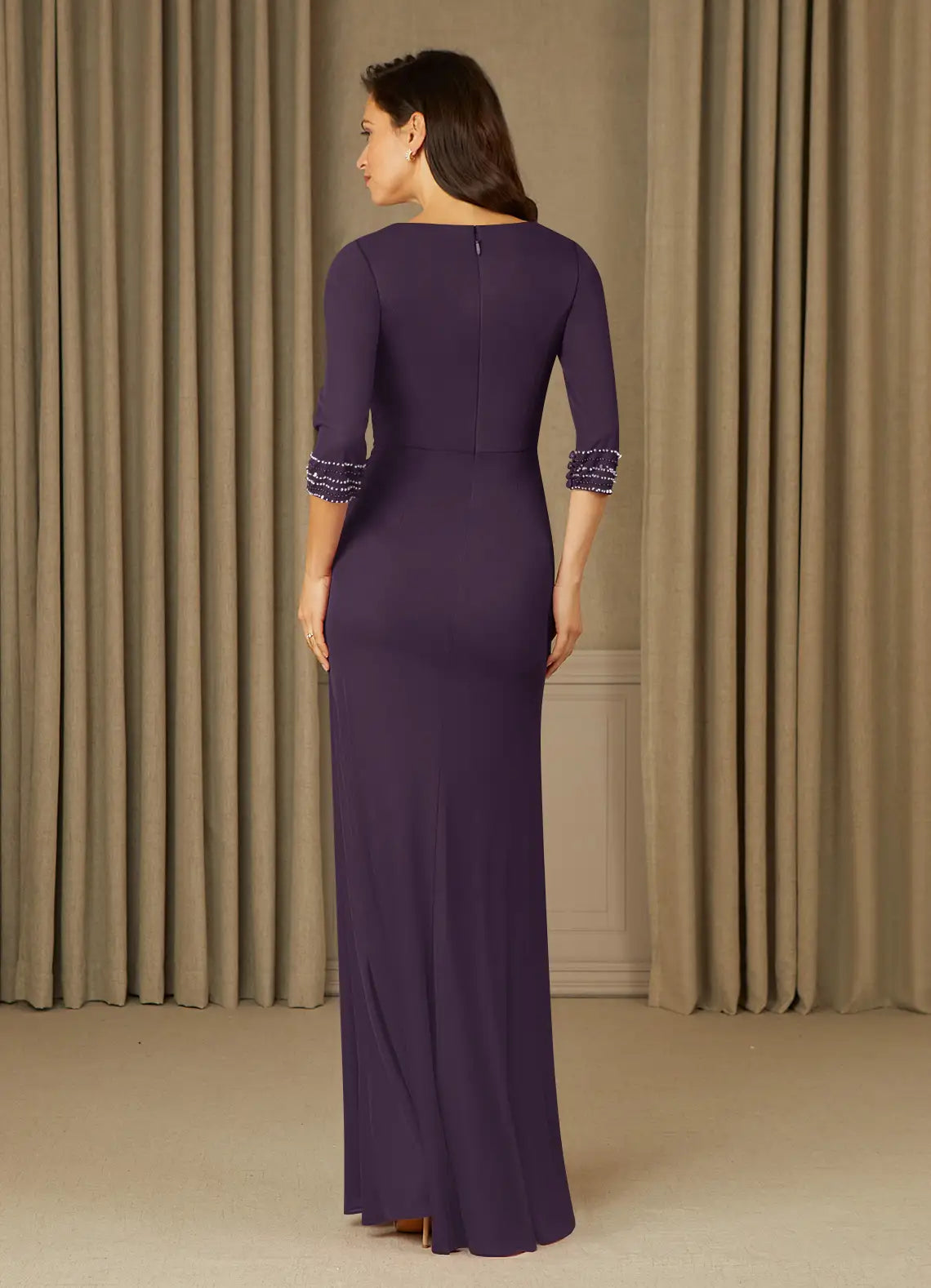 Elegant bodice Purple Long V Neck 3/4 Sleeves Beaded Back Zip Mother of the Bride Dress female guests hot sale
