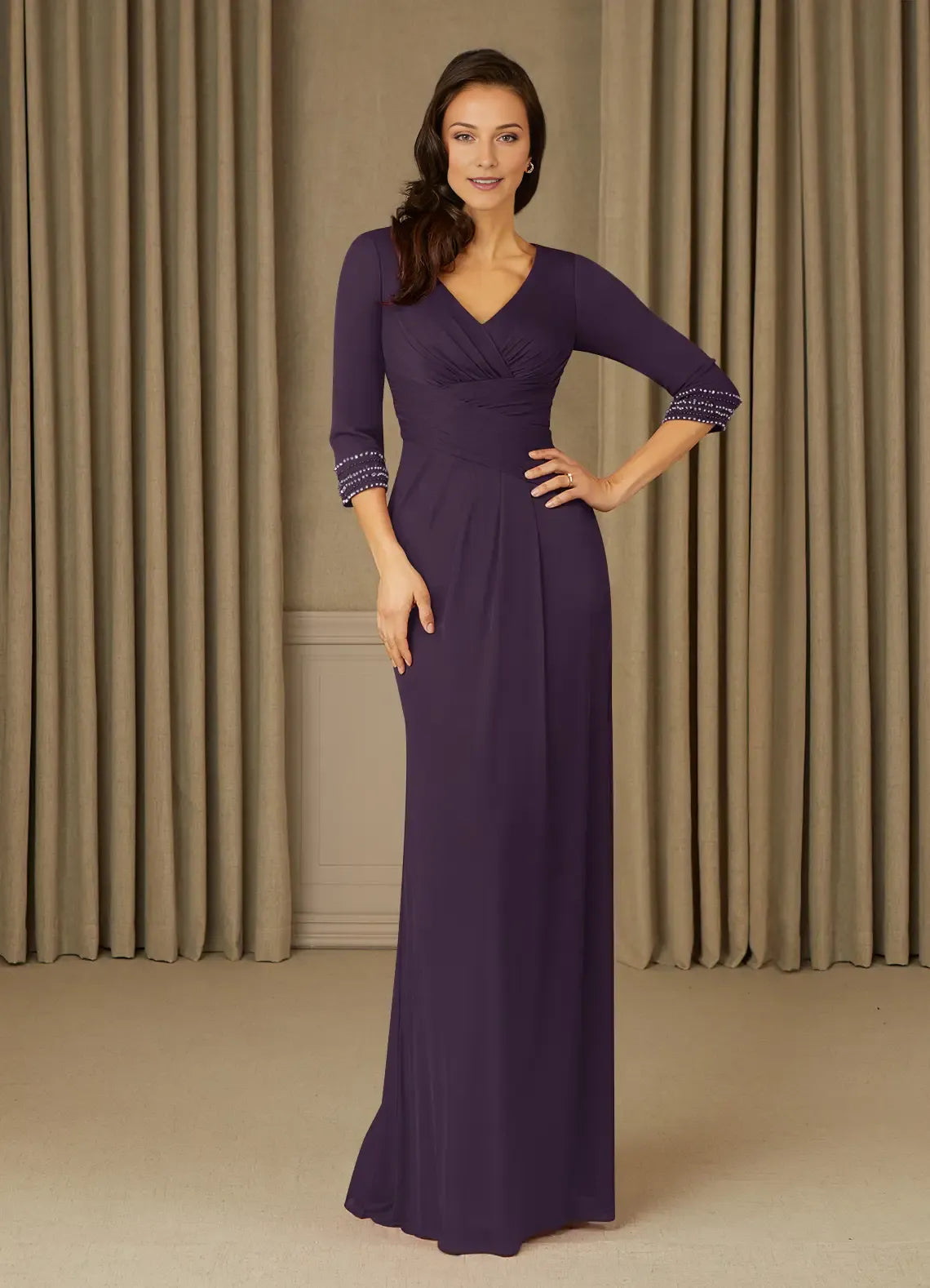 Elegant bodice Purple Long V Neck 3/4 Sleeves Beaded Back Zip Mother of the Bride Dress female guests hot sale