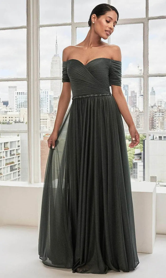 Elegant Dark Green Off  Shoulder Evening Gown with Ruched Bodice Embellished Waistband, and Flowy Tulle Skirt for Formal Galas and City  Inspired Events