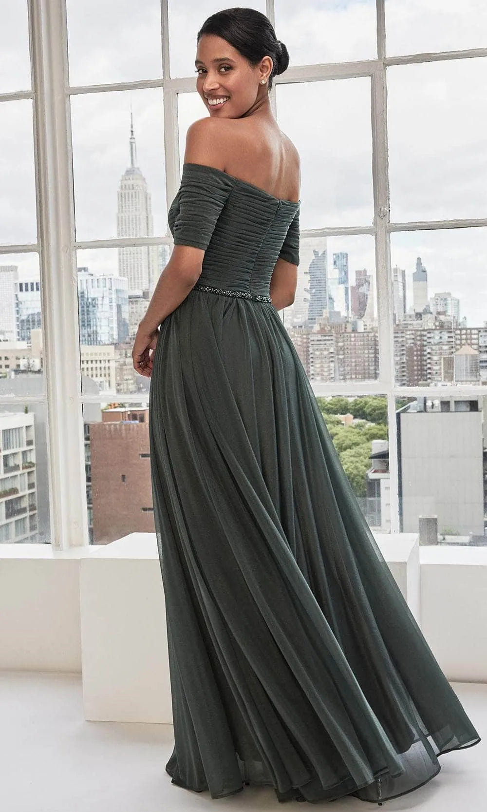 Elegant Dark Green Off  Shoulder Evening Gown with Ruched Bodice Embellished Waistband, and Flowy Tulle Skirt for Formal Galas and City  Inspired Events