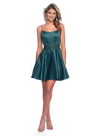 Elegant Dark Green Satin Homecoming Dress with Spaghetti Straps Square Neckline Embroidered Lace Waist Detail Flared Mini Party Dress