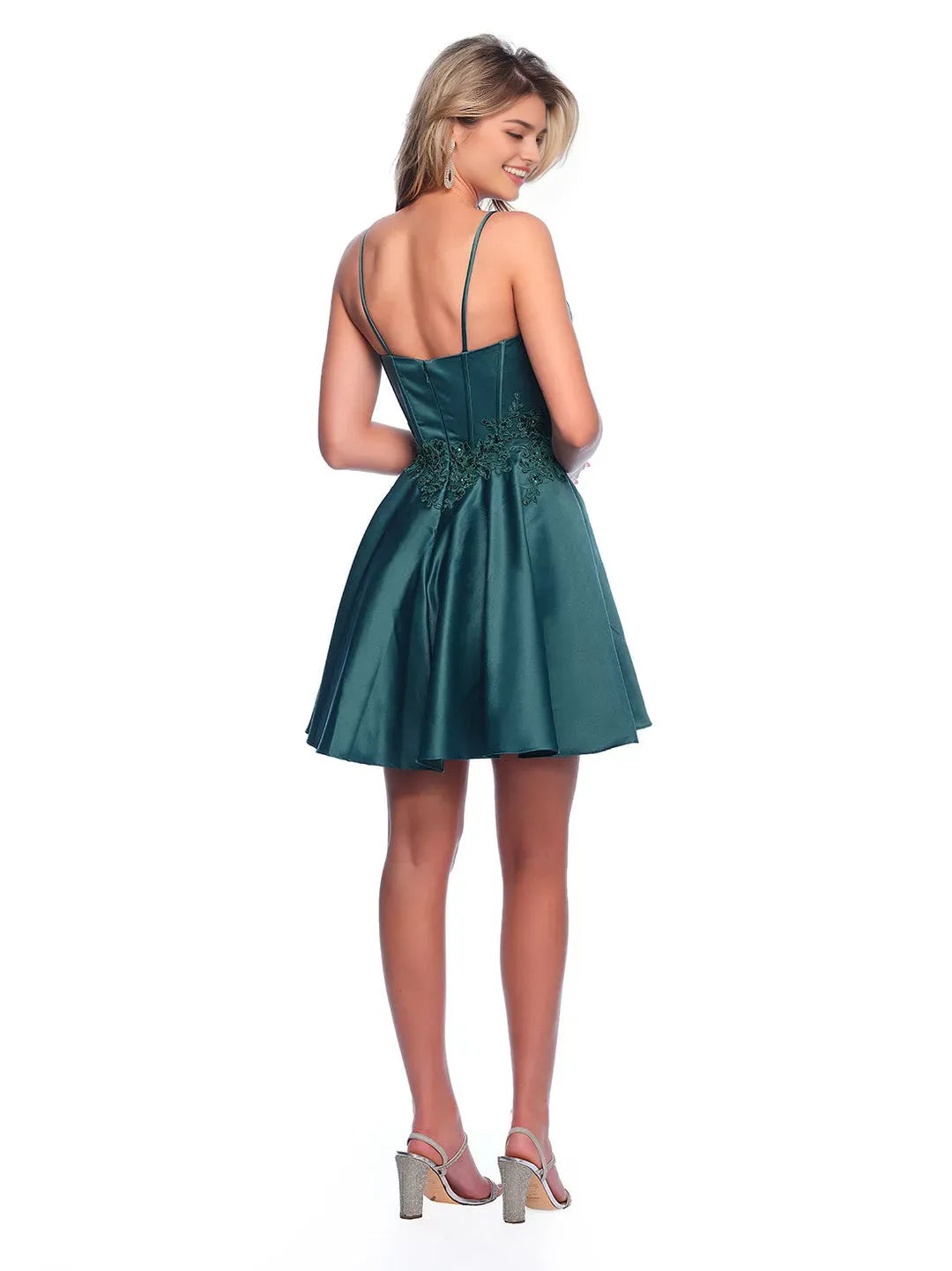 Elegant Dark Green Satin Homecoming Dress with Spaghetti Straps Square Neckline Embroidered Lace Waist Detail Flared Mini Party Dress