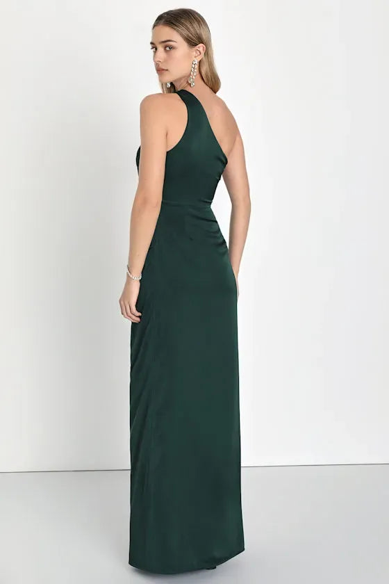 Elegant Dark Green Satin One - Shoulder Evening Dresses with Draped Detail High Side Slit  Perfect for Sophisticated Formal Galas