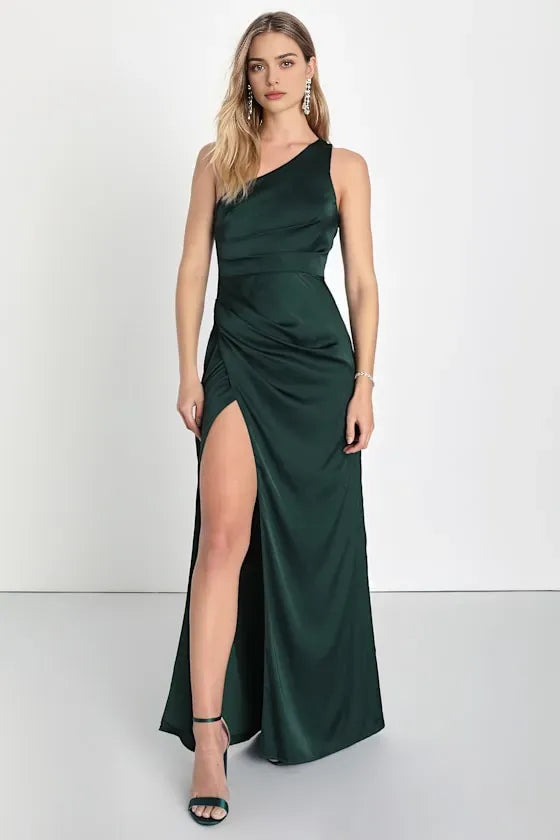 Elegant Dark Green Satin One - Shoulder Evening Dresses with Draped Detail High Side Slit  Perfect for Sophisticated Formal Galas
