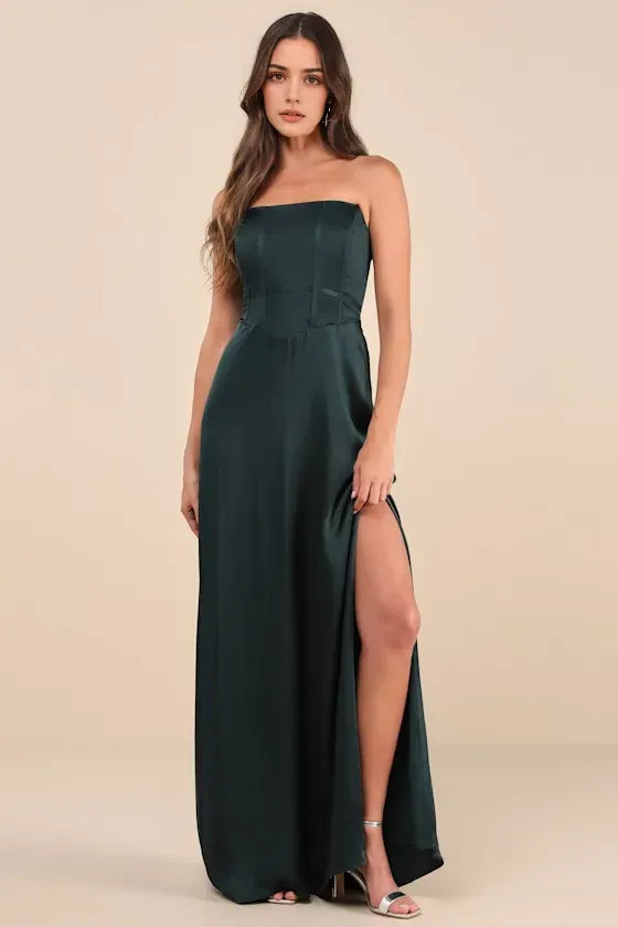 Elegant Dark Green Satin Strapless Evening Dresses with Corset Bodice High Side Slit