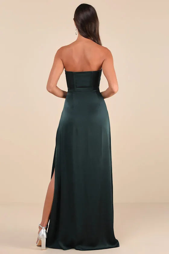 Elegant Dark Green Satin Strapless Evening Dresses with Corset Bodice High Side Slit