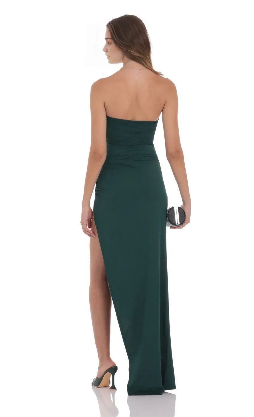 Elegant Dark Green Strapless Prom Dress with Ruched Detailing High Side Slit Perfect for Glamorous Nights