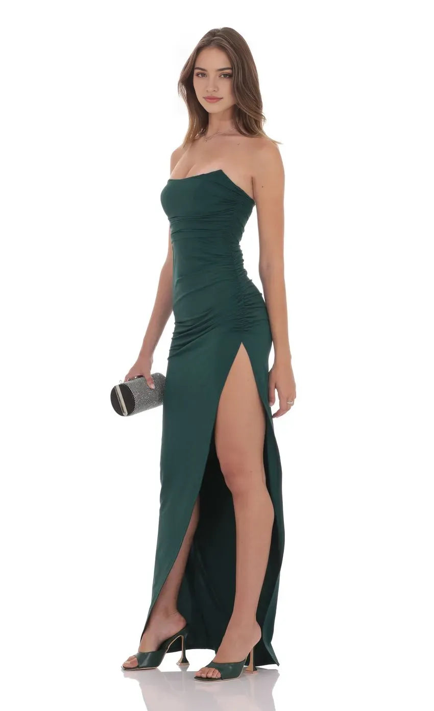 Elegant Dark Green Strapless Prom Dress with Ruched Detailing High Side Slit Perfect for Glamorous Nights