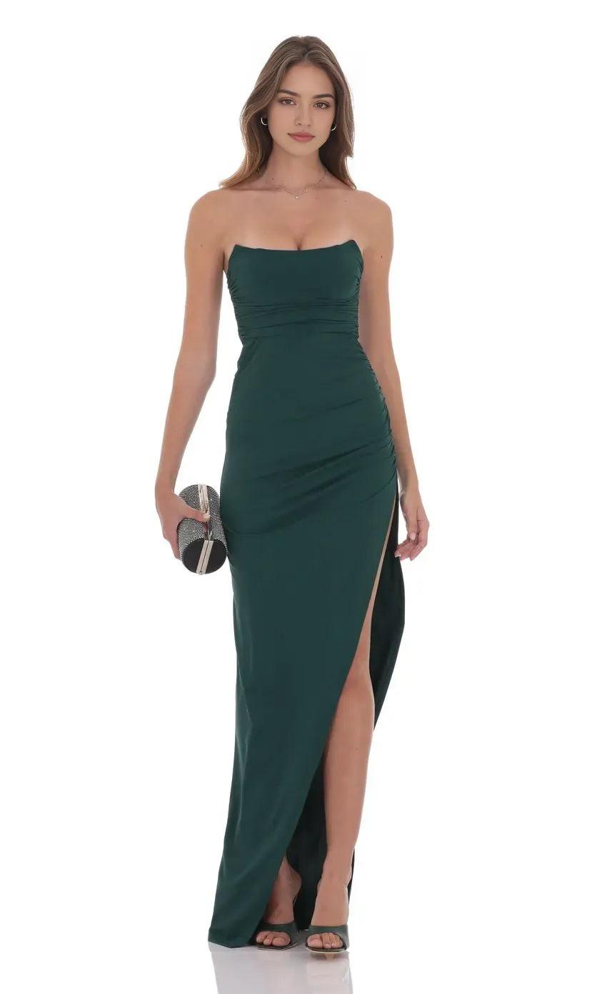 Elegant Dark Green Strapless Prom Dress with Ruched Detailing High Side Slit Perfect for Glamorous Nights
