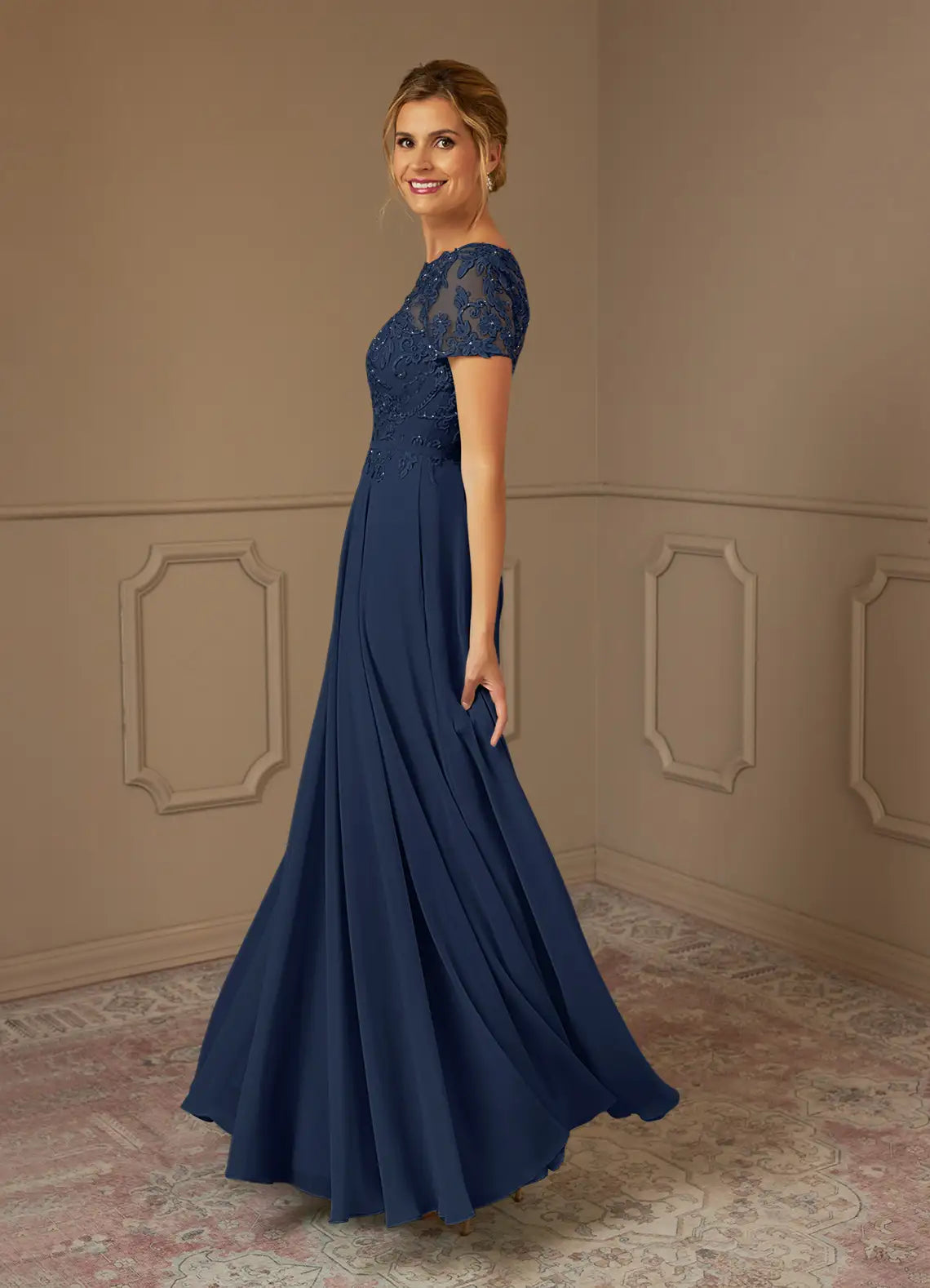 Elegant Dark Navy A-Line Illusion Boat-Neck Short-Sleeve Sequins Lace Beaded Keyhole-Back Floor-Length Mother of the Bride Dress