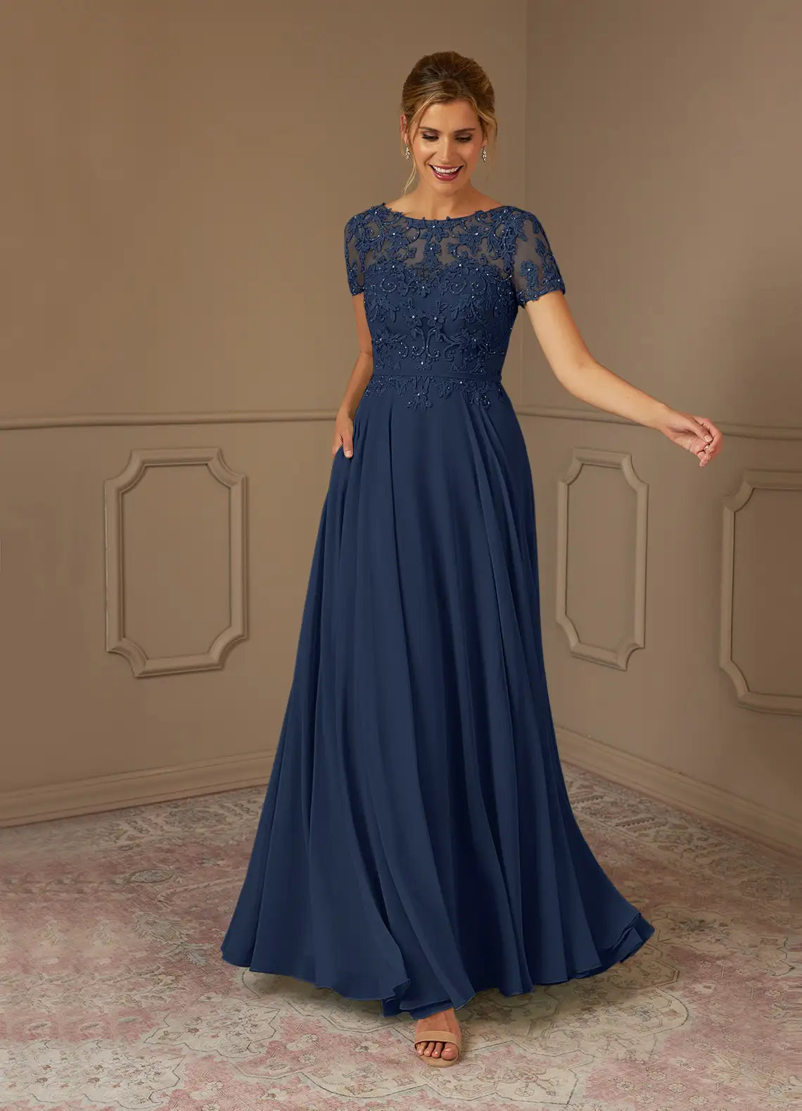 Elegant Dark Navy A-Line Illusion Boat-Neck Short-Sleeve Sequins Lace Beaded Keyhole-Back Floor-Length Mother of the Bride Dress