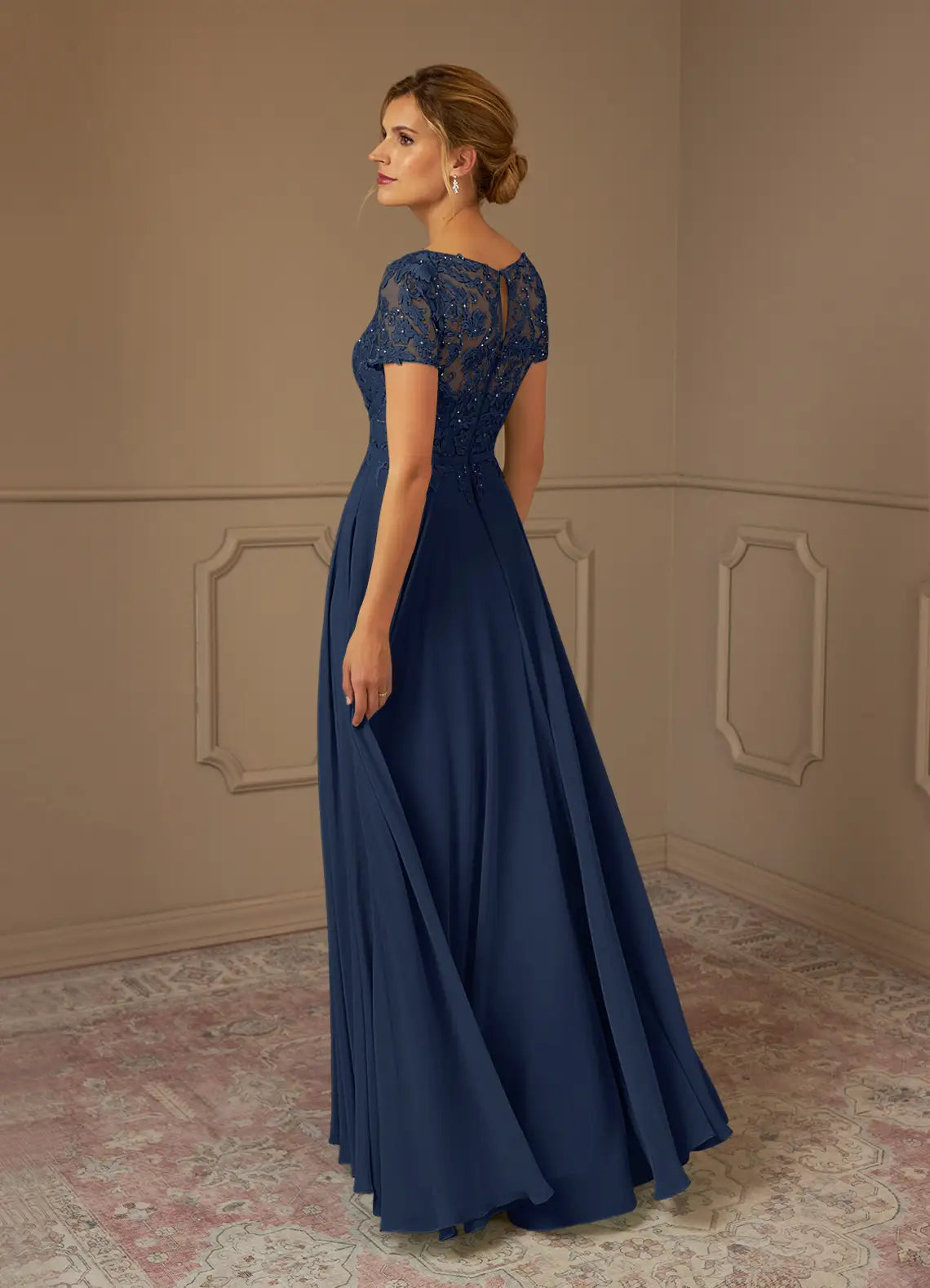 Elegant Dark Navy A-Line Illusion Boat-Neck Short-Sleeve Sequins Lace Beaded Keyhole-Back Floor-Length Mother of the Bride Dress