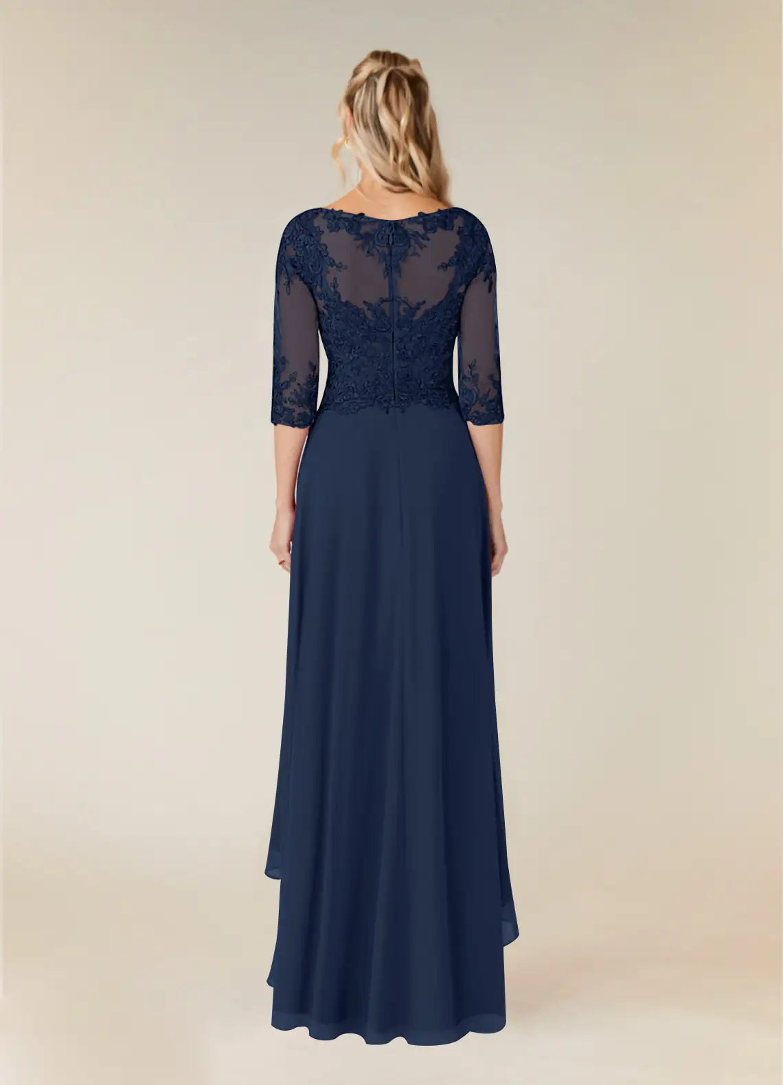 Elegant Dark Navy A-Line Lace Chiffon Blue Mother of the Bride Dress Illusion Neckline Sheer 3/4 Sleeves Embroidered