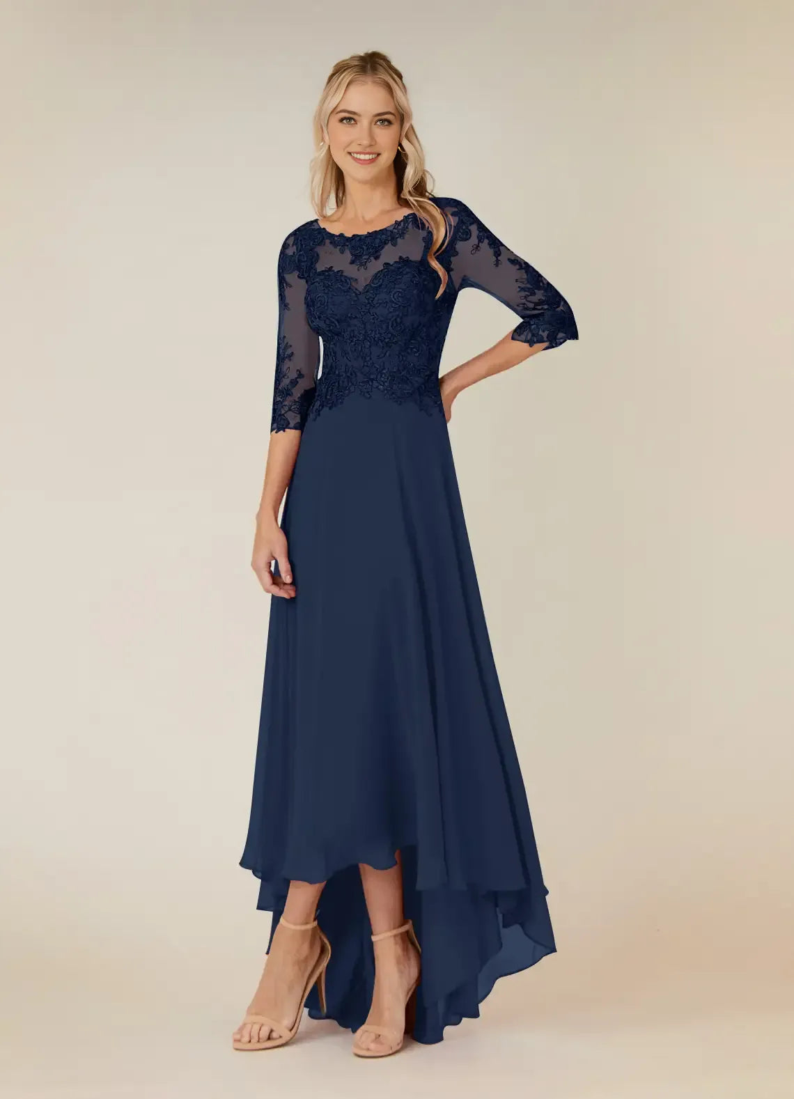 Elegant Dark Navy A-Line Lace Chiffon Blue Mother of the Bride Dress Illusion Neckline Sheer 3/4 Sleeves Embroidered